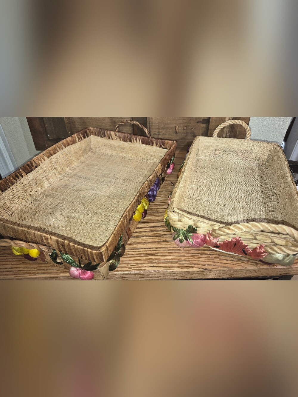 2 Vintage Raffia Woven Nesting Baskets decorated with colorful embroidered fruit - Picture 2 of 8